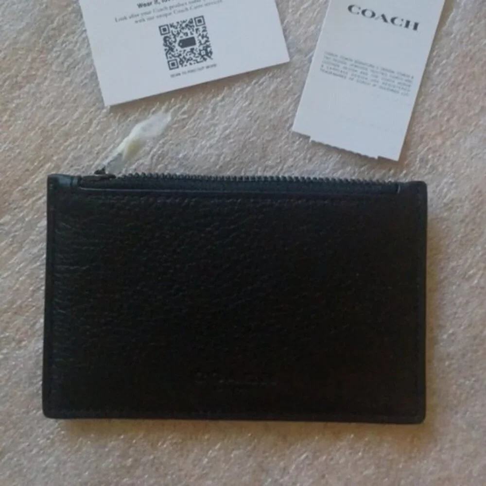 COACH Black Leather Zip Card Case, NWT